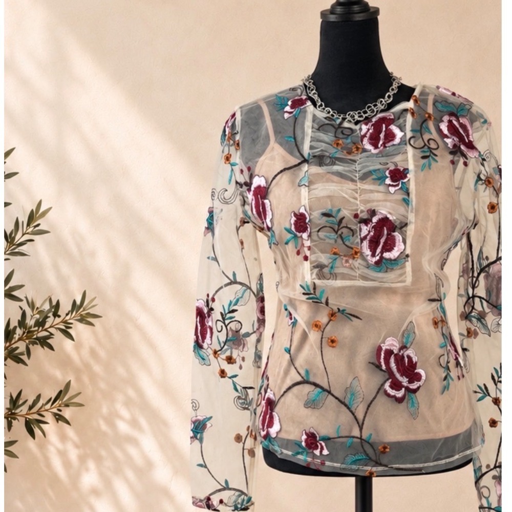 Endless Rose Floral Embroidered Sheer Mesh Top with Cami NWT Small Burgundy Tan